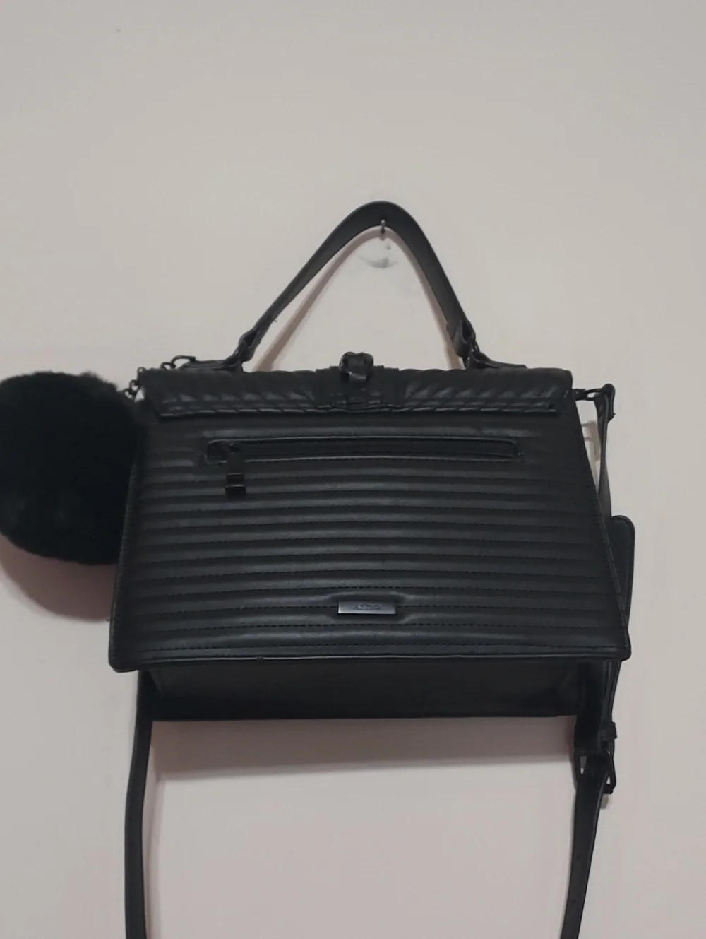 ALDO Chic Black Quilted Top-Handle Satchel with Pom Accent